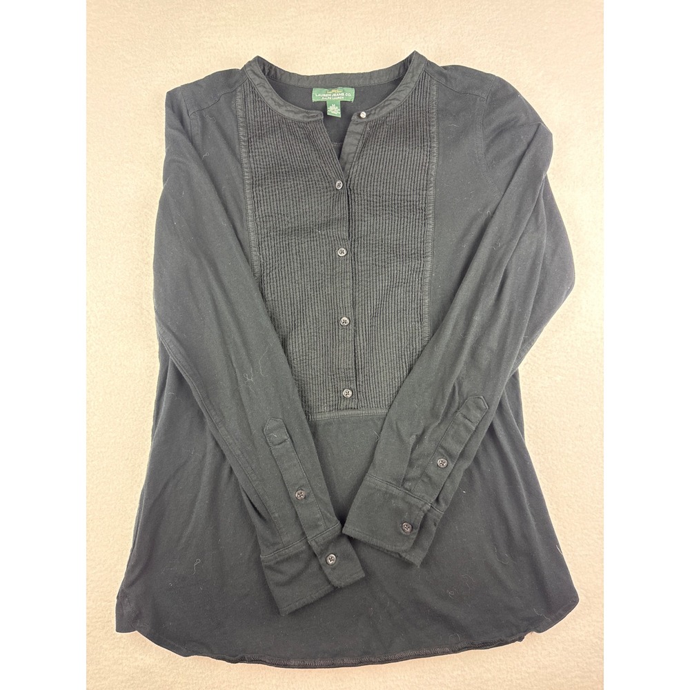 Lauren Ralph Lauren Black Pintuck Pleated Bib Cotton Long Sleeve Top Medium